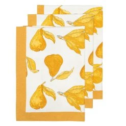 Orchard Pear Tea Towels Mustard & Grey, Set Of 3