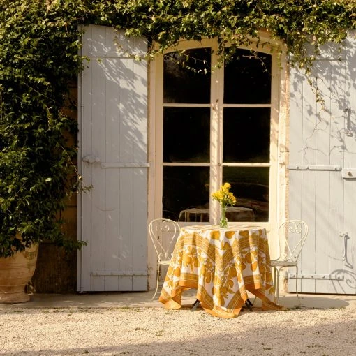 French Tablecloth Orchard Pear Mustard & Grey 2 French Tablecloth Orchard Pear Mustard & Grey -table supplies shop DSC00572 0.5x square