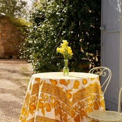 French Tablecloth Orchard Pear Mustard & Grey -table supplies shop DSC00616 0.5x square