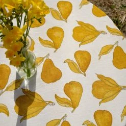 French Tablecloth Orchard Pear Mustard & Grey -table supplies shop DSC00624 0.5x square
