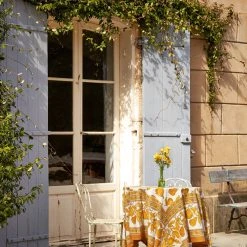 French Tablecloth Orchard Pear Mustard & Grey -table supplies shop DSC00635 0.5x square