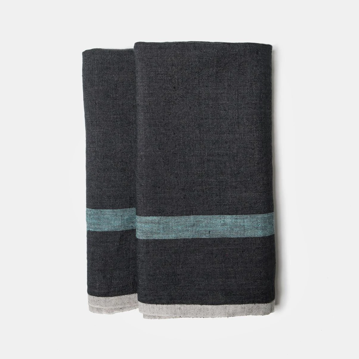 Laundered Linen Kitchen Towels Charcoal & Aqua, Set Of 2 2 Laundered Linen Kitchen Towels Charcoal & Aqua, Set Of 2 - Image 2